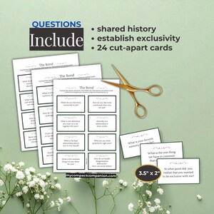 May include: A set of conversation starter cards, titled "The Bond," with questions designed to deepen relationships. The cards are 3.5" x 2" and include prompts like "What is your favorite memory?" and "What is the one thing we have in common?" Gold scissors are also in the image.