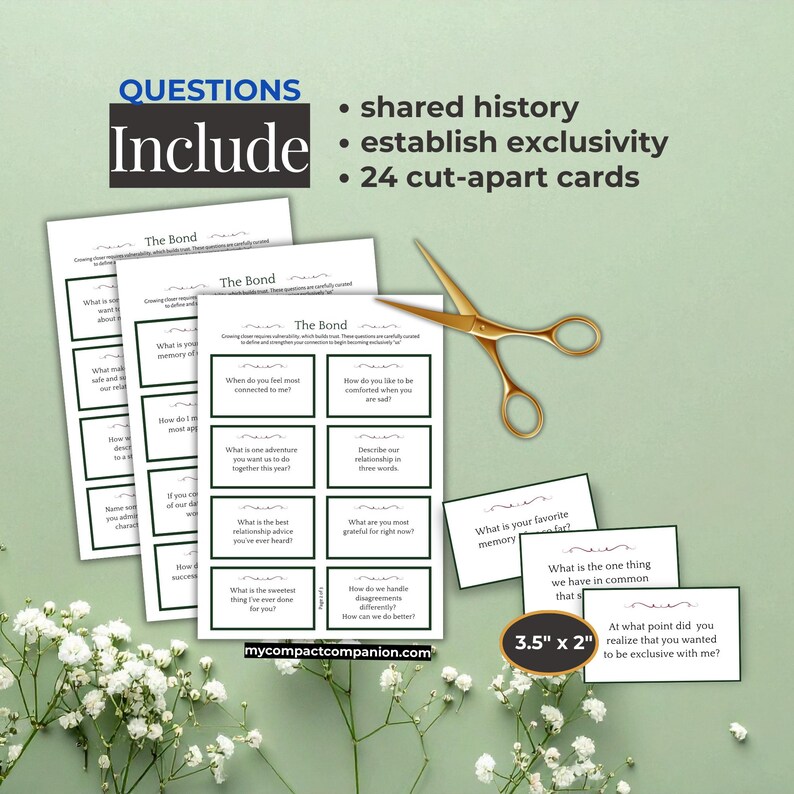 May include: A set of conversation starter cards, titled "The Bond," with questions designed to deepen relationships. The cards are 3.5" x 2" and include prompts like "What is your favorite memory?" and "What is the one thing we have in common?" Gold scissors are also in the image.