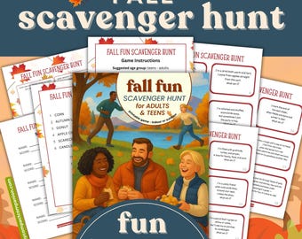 Caccia al tesoro autunnale per adulti o adolescenti, carte stampabili, stampabili autunnali, gioco da interno o da esterno, gioco del festival autunnale, download digitale PDF