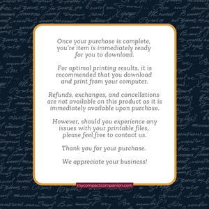 May include: A digital download information card with a white background and a rounded yellow border. The text includes instructions for downloading and printing, and a thank you message. The background is a dark blue with handwritten script.