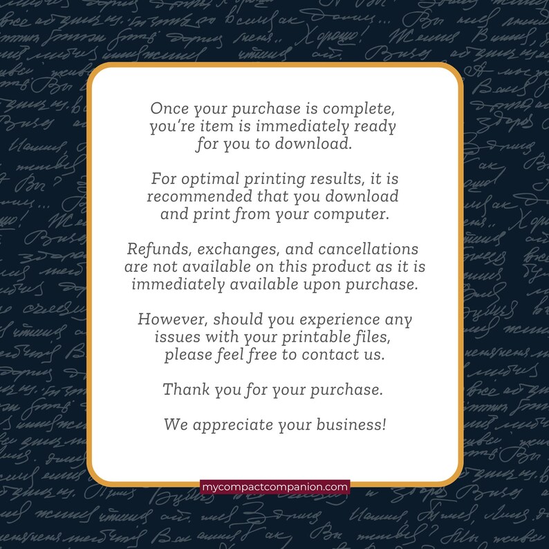 May include: A digital download information card with a white background and a rounded yellow border. The text includes instructions for downloading and printing, and a thank you message. The background is a dark blue with handwritten script.