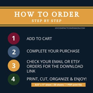 May include: A navy blue graphic with the text "HOW TO ORDER STEP BY STEP" in white. The steps are numbered 1-4 with instructions: Add to Cart, Complete Your Purchase, Check Email, and Print, Cut, Organize & Enjoy. Includes sheet size and file details.