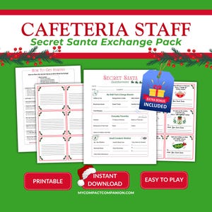 May include: A printable Secret Santa exchange pack for cafeteria staff featuring instruction sheets, questionnaires, and gift tags. The documents include sections for shift fuel, everyday favourites, and small comforts, decorated with holly and red berries.
