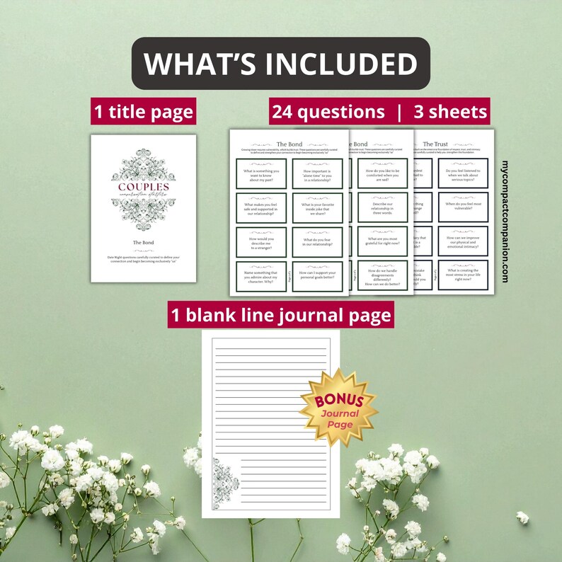 May include: A product image showing a journal set for couples. The set includes a title page, 24 question cards on 3 sheets, and a blank line journal page. The text "WHAT'S INCLUDED" is at the top. The journal is designed to enhance communication and intimacy.