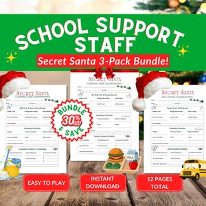 May include: A Secret Santa 3-pack bundle for school support staff featuring three questionnaires for custodial staff, cafeteria staff, and bus drivers. The set includes 12 pages total with festive graphics, Santa hats, and a 30% off savings badge.