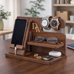 Personalized Wood Docking Station: Engraved Desk Organizer, Phone Stand, Gifts for Men