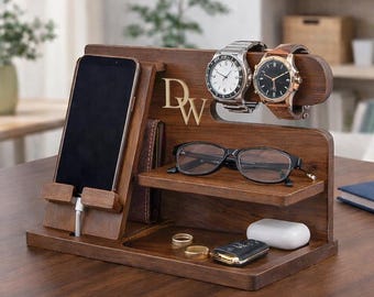 Personalized Wood Docking Station: Engraved Desk Organizer, Phone Stand, Gifts for Men
