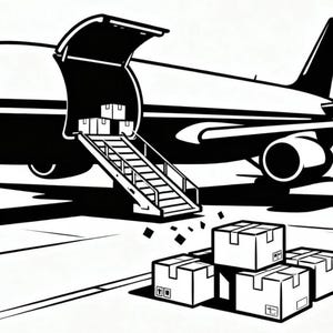 Könnte beinhalten: Schwarz-Weiß-Illustration eines Flugzeugs mit offener Frachttür und Rampe. Kartons werden in das Flugzeug geladen. Mehrere Kartons sind auf dem Boden gestapelt.