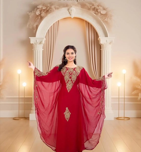 Maroon Mariage Caftan Wine Red Zari Embroidered Kaftan Dress