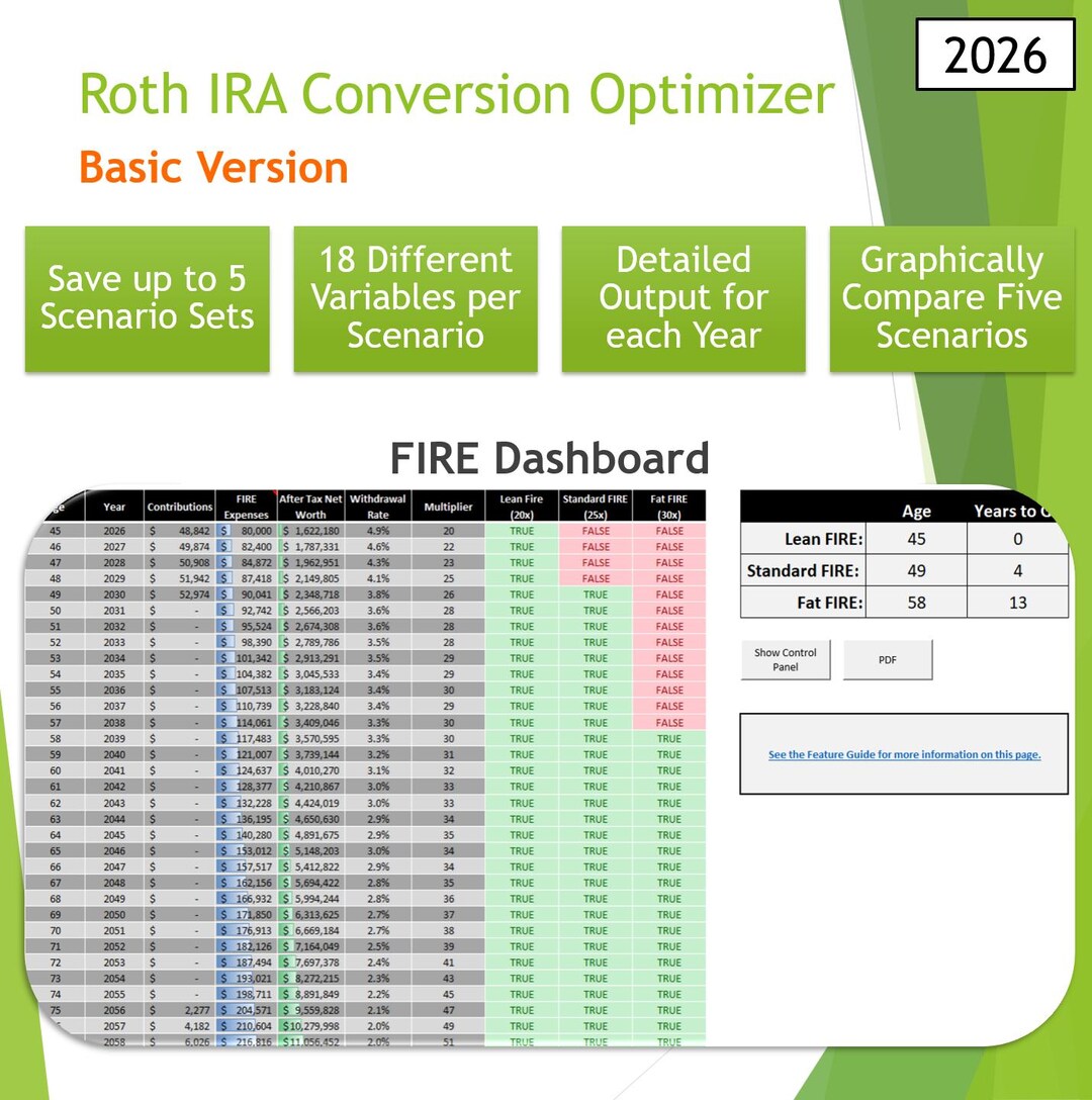 Excel FIRE Calculator - 2026 Roth IRA Conversion Optimizer Basic ...