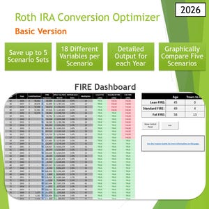 Calculatrice Excel FIRE - Optimiseur de conversion Roth IRA 2026, version de base (téléchargement numérique)