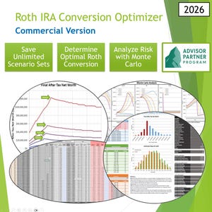 以下が含まれることがあります： 「Roth IRA Conversion Optimizer Commercial Version」と書かれた緑と白のグラフィック。グラフや図表、そして「Save Unlimited Scenario Sets」、「Determine Optimal Roth Conversion」、「Analyze Risk with Monte Carlo」というテキストが含まれています。