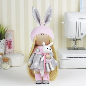 Handmade Tilda Bunny Doll – Soft Textile Bunny, Cute Fabric Art Doll, Nursery or Home Decor, Gift for Kids or Adults, Collectible Plush Doll