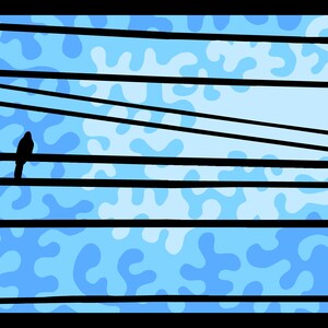 May include: An abstract illustration featuring a black silhouette of a bird perched on a wire. The background showcases a blue pattern with lighter blue shapes, framed by black lines and a black border. The artwork evokes a sense of nature and simplicity.