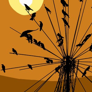 Puede incluir: Impresión artística de siluetas de pájaros negros posados en una estructura similar a un diente de león contra un cielo anaranjado al atardecer. El sol es un círculo amarillo brillante. La obra evoca la naturaleza y la tranquilidad.