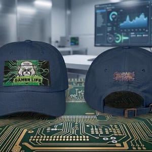 Può includere: Cappellino da baseball blu navy con una toppa raffigurante un bulldog con un berretto e le parole "GAMER LIFE" in verde. Il retro del cappellino presenta un testo ricamato. Il cappellino è su un circuito stampato verde.