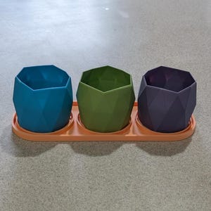 Set of 3 Geometric Planters with Drip Tray - Modern 3D Printed Succulent Pots - Custom Herb Garden - Office Desk Decor - Plant Lover Gift