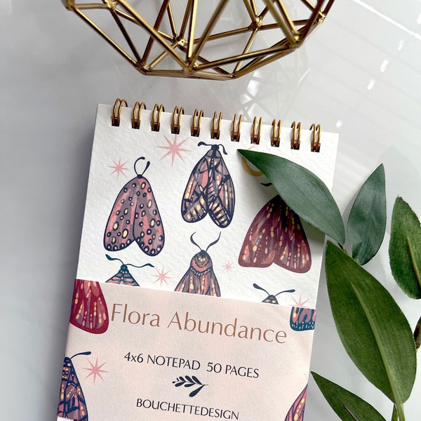 Flora Abundance Moon Moth Notepad, gold wire bound note pad list spiral notebook whimsical butterfly notepad floral note pad gift