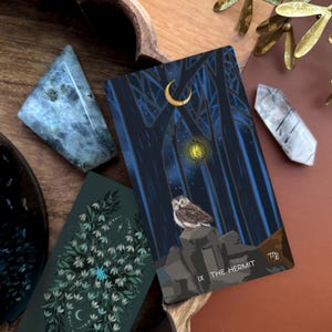 May include: A rectangular tarot card titled The Hermit featuring an owl perched on rocks beneath a crescent moon and a glowing lantern in a dark forest. Beside it lies a second card with a green floral pattern, a blue crystal, and a clear quartz point.