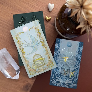 May include: Two rectangular tarot cards featuring illustrations of birds and cages. The left card is light blue with a bird flying above a cage and the text "RELEASE". The right card is dark blue with a bird inside a cage and the text "RESTRAIN".