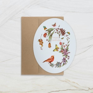 GRUSSKARTE | Oval alles Gute zum Geburtstag Blumenvogel Kranz