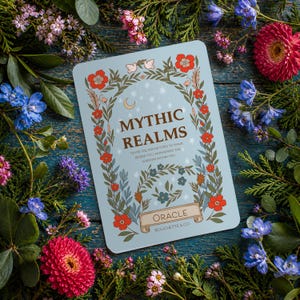 Peut inclure: Une carte d'oracle bleu clair avec le texte "MYTHIC REALMS" entouré d'un motif floral. La carte est ornée de fleurs rouges, de feuilles vertes et d'un croissant de lune. La carte est entourée de fleurs et de verdure.