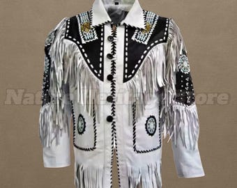 Handgemaakt westernjack met suède franje – inheemse cowboy leren jas met kralen – rodeo, festival, kostuumkleding