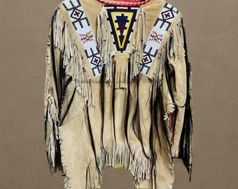 Set handgemaakt suèdeleren oorlogsshirt en broek: Powwow Regalia met kralen