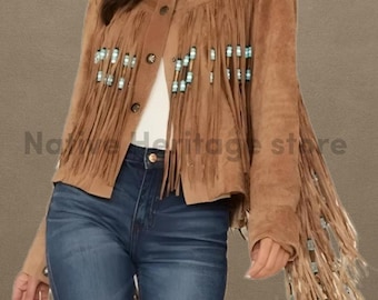 Chaqueta de ante con flecos para mujer / Abrigo vaquero western con cuentas / Chaqueta boho de rodeo con cuentas turquesas
