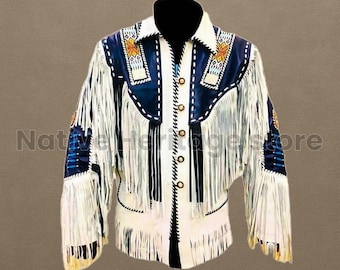 Wit en marineblauw suède jack met franjes – leren westerncowboyjas