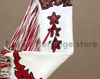 Chaparreras de rodeo de cuero blanco hechas a mano con flecos rojos / Chaparreras para espectáculos del oeste y carreras de barriles