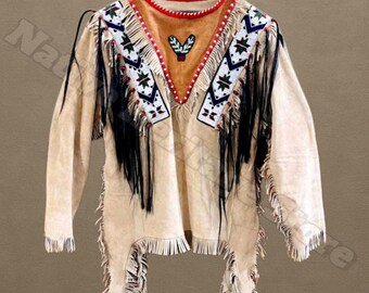 Camisa de gamuza con flecos hecha a mano: Top de cuello en V con cuentas estilo nativo americano