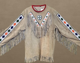 Handgemaakt suède shirt met franje en kralen: tribale westernkleding