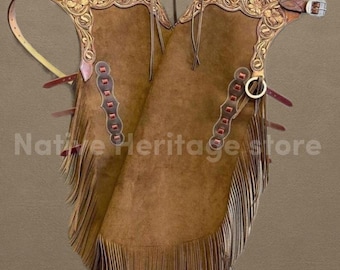 Chaps occidentales de cuero hechos a mano con canesú labrado y flecos