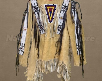 Handgemaakt Indiaans shirt met suède franjes en kralen | Tribal Powwow Regalia-tuniek | Western rodeokostuum