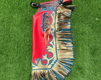 Chaparreras de cuero estilo western hechas a mano con flecos / Chaparreras para montar a caballo estilo rodeo / Equipo de rancho de piel de vaca repujada / Conjunto western personalizado