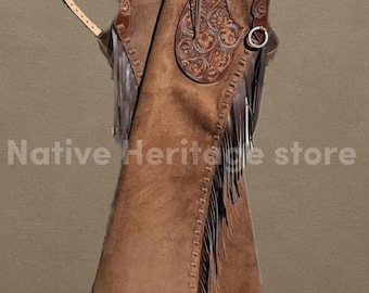 Bruine suèdeleren kieren met bewerkte jukfranje | Chaps voor westernranch en rodeo