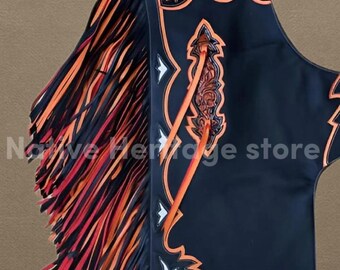 Chaparreras de rodeo de cuero negro hechas a mano con flecos naranjas / Chaparreras para espectáculos del oeste y carreras de barriles