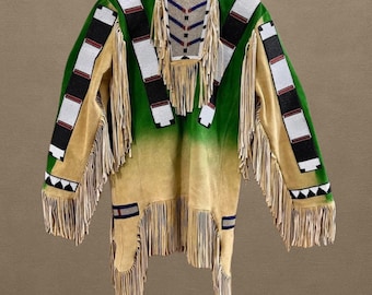 Camisa de gamuza con cuentas hecha a mano: atuendo powwow con flecos estilo nativo americano