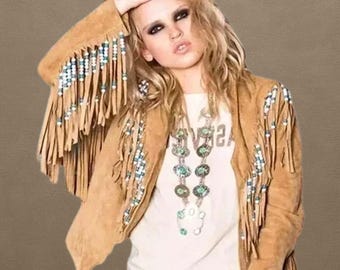 Handgemaakt suède jack met franje en kralendetails – western boho-jas