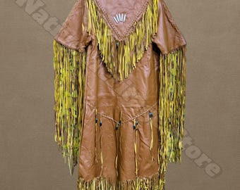 Vestido de cuero con flecos hecho a mano: estilo nativo americano, caftán occidental