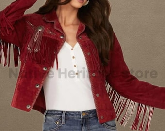 Chaqueta vaquera de ante con flecos para mujer / Abrigo bohemio rojo con flecos