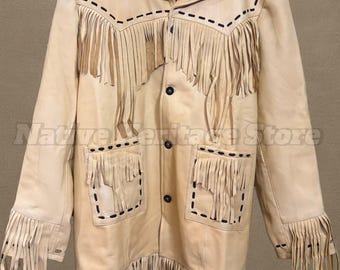 Handgemaakt suèdeleren jack met franje | Westerncowboyjas | Indiaanse stijl | Vintage rodeokleding