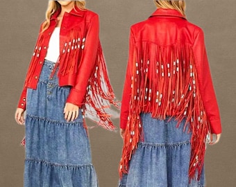 Rood suède jack met franje en kralendetails – Westerncowgirljas
