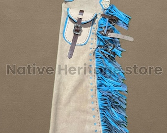 Crème suède chaps met franjes en blauwe accenten – Western cowgirl-chaps