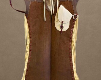 Polainas de rodeo de ante marrón personalizadas con flecos y bolsillo de cuero / Equipo de equitación occidental