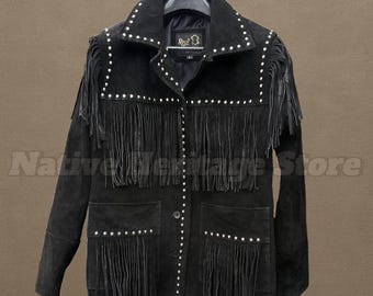 Handgemaakt zwart suède westernjack met franjes: cowboy-/cowgirlstijl met studs