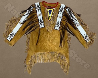 Camisa estilo nativo americano de gamuza hecha a mano: abalorios tribales y flecos