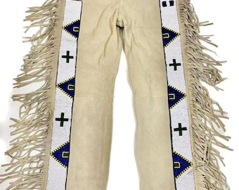 Handgemaakte valkleren broek met franje – Native American westernbroek met kralen – Custom Leather Powwow Festival