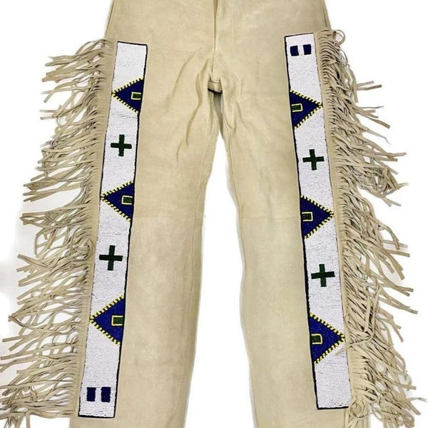 Pantalones de piel de ante hechos a mano con flecos – Pantalones occidentales con cuentas de nativos americanos – Festival Powwow de cuero personalizado